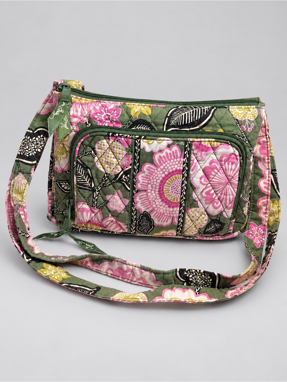 Vera Bradley Olive Green Quilted Crossbody with Pink Floral